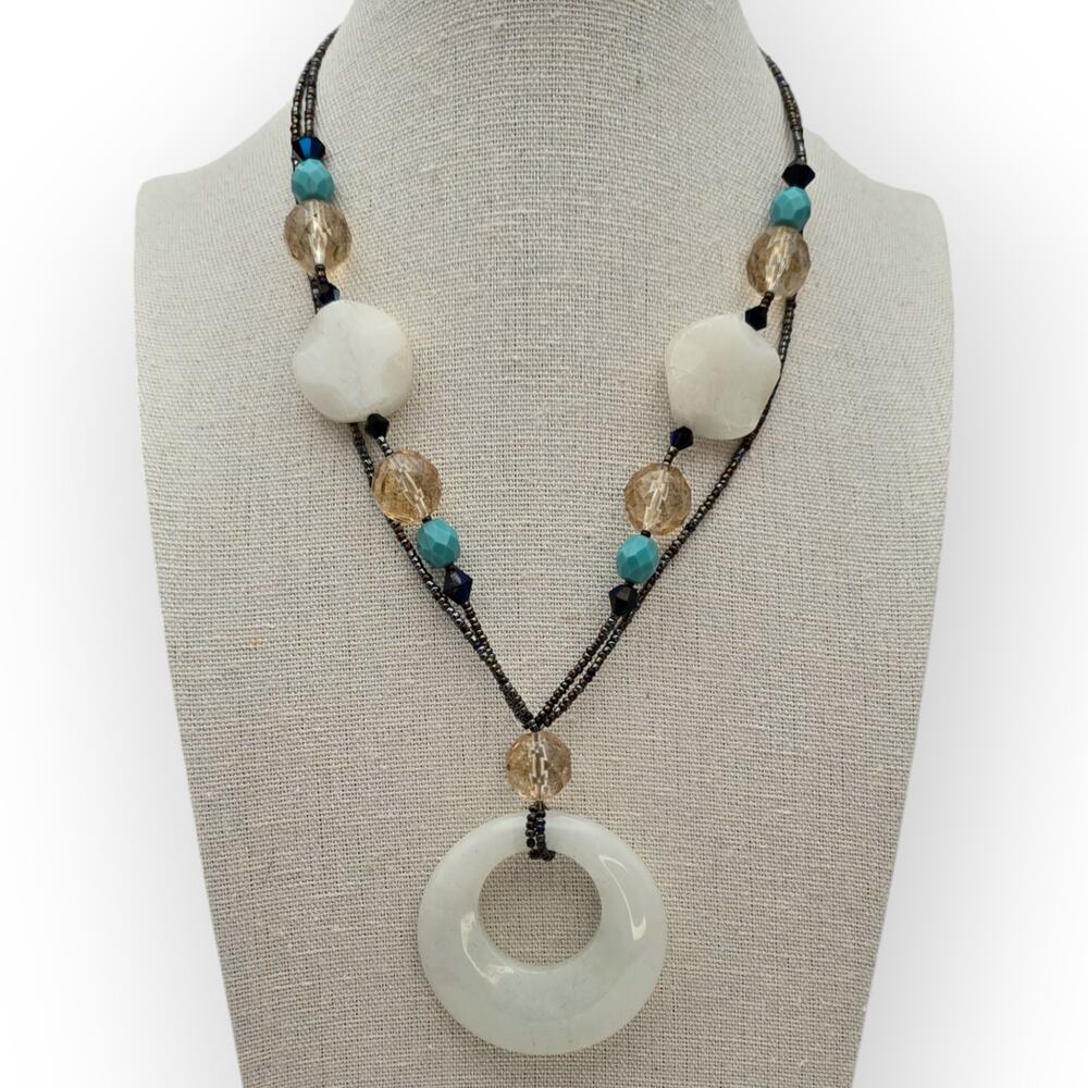 Lia Sophia White Stone Circle Pendant Necklace Mixed Bead Coastal Chic